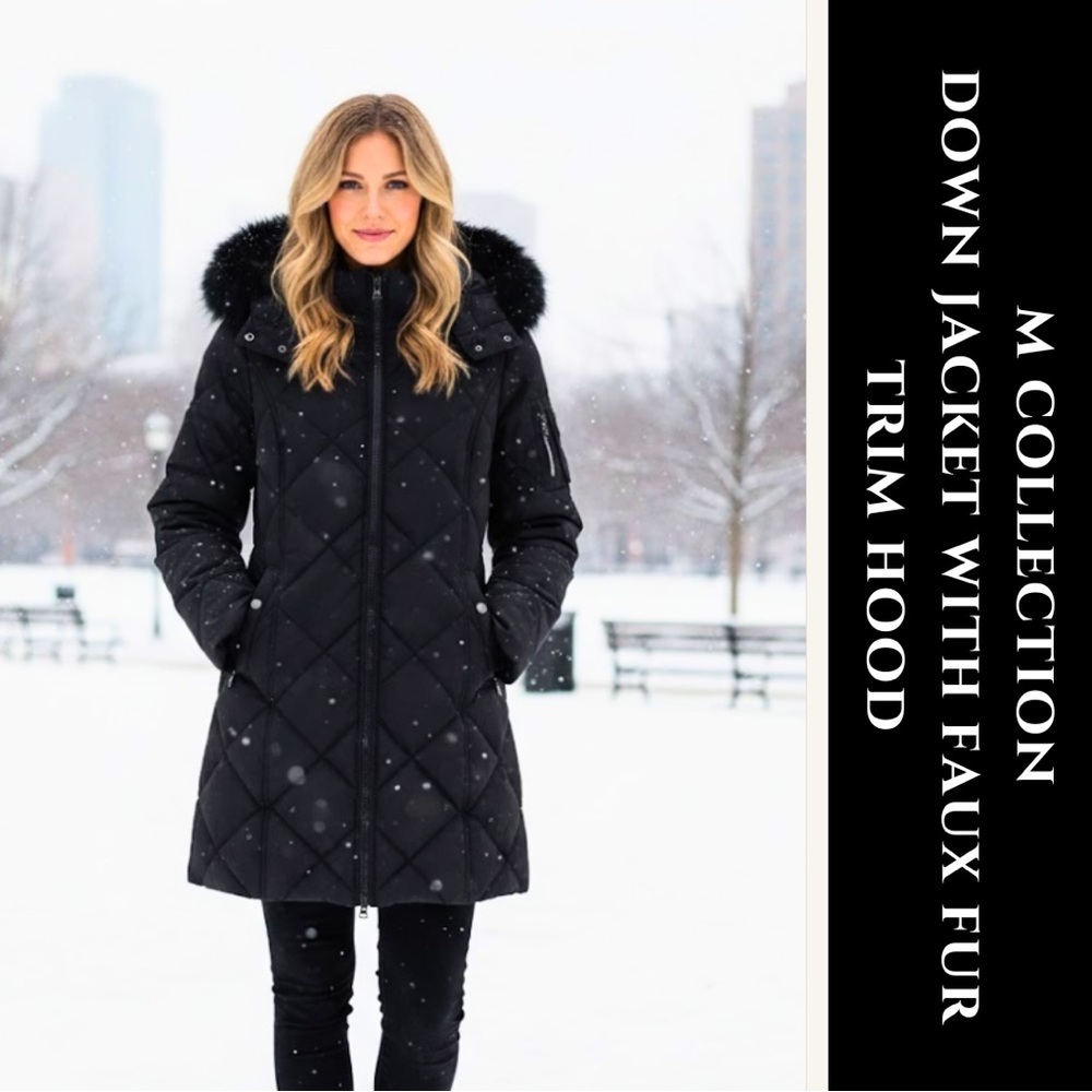 M Collection Quilted Puffer with Faux Fur Hood